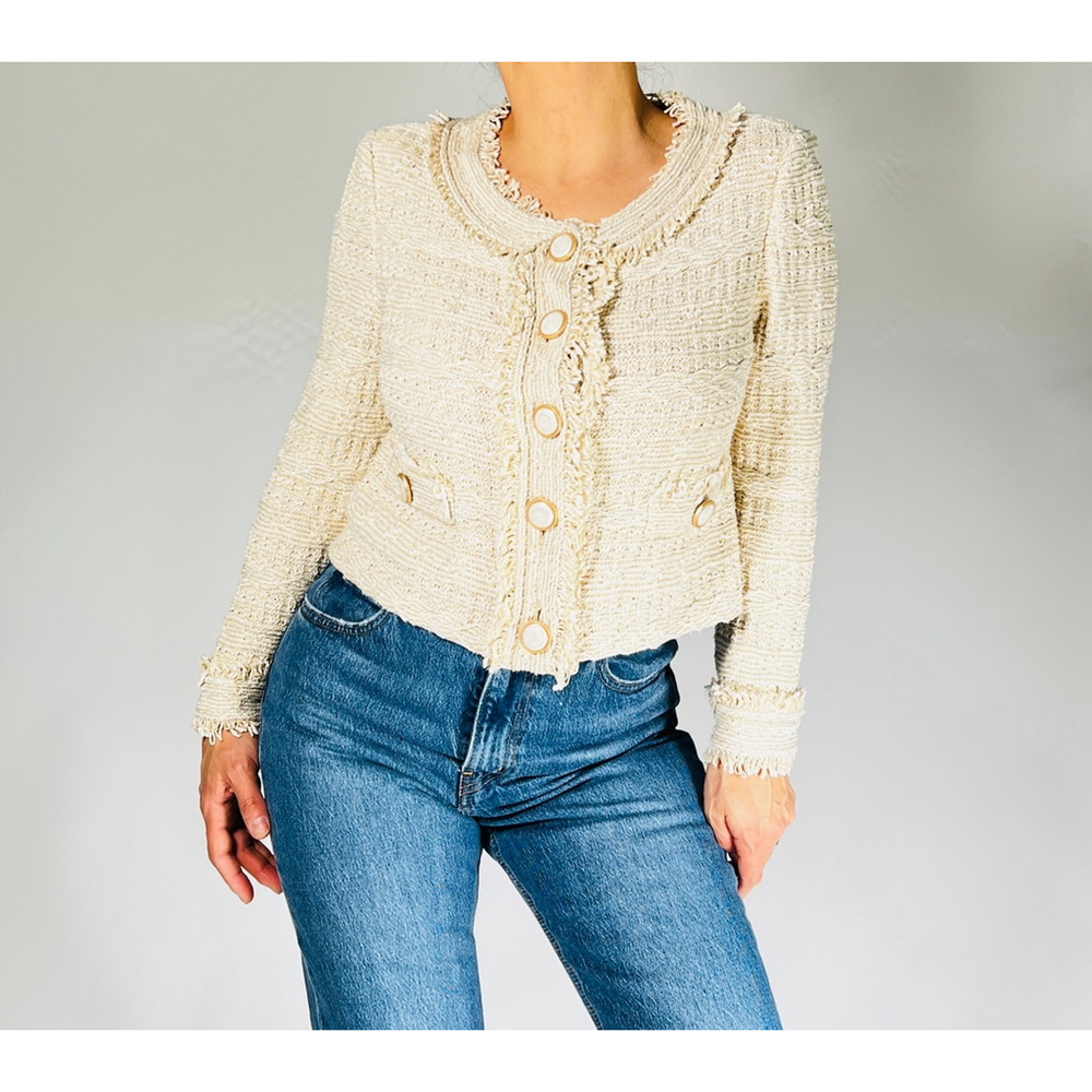 St. John Womans Cardigan Beige Tan Ivory & Gold Tweed Jacket Size 4